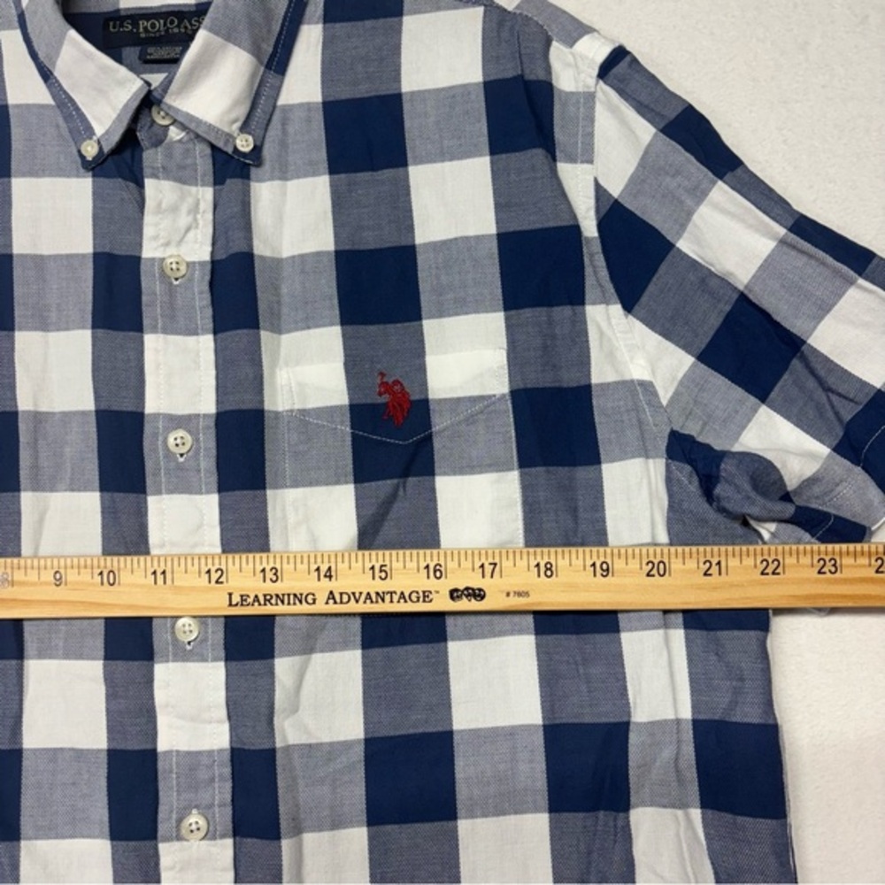 U.S. Polo Assn. Men's Button Down Short Sleeve Pocket Blue Plaid Shirt L - Picture 6 of 7